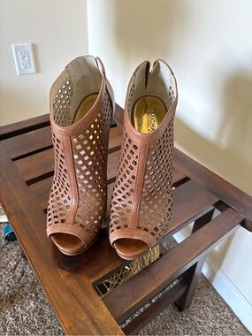 MICHAEL Michael Kors Brown Laser-Cut Peep-Toe Booties